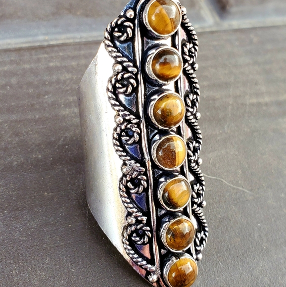 New 7 Stone Tiger Eye Adjustable Silver Statement Ring. - Picture 10 of 15
